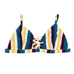 Hollister Blue Pink Yellow Multi Striped Bikini Top Lace Up Front Size Large